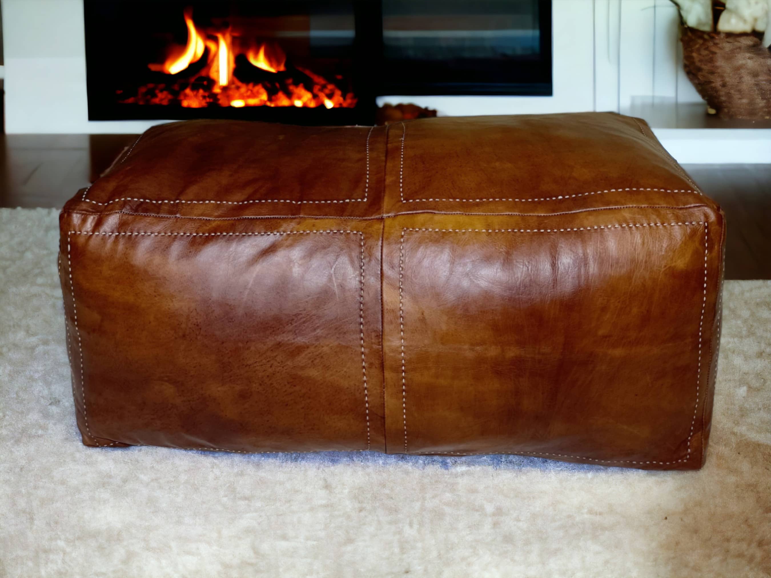 Moroccan Tobacco Leather Handcrafted Pouf: Distinct Elegance for Your Space-1