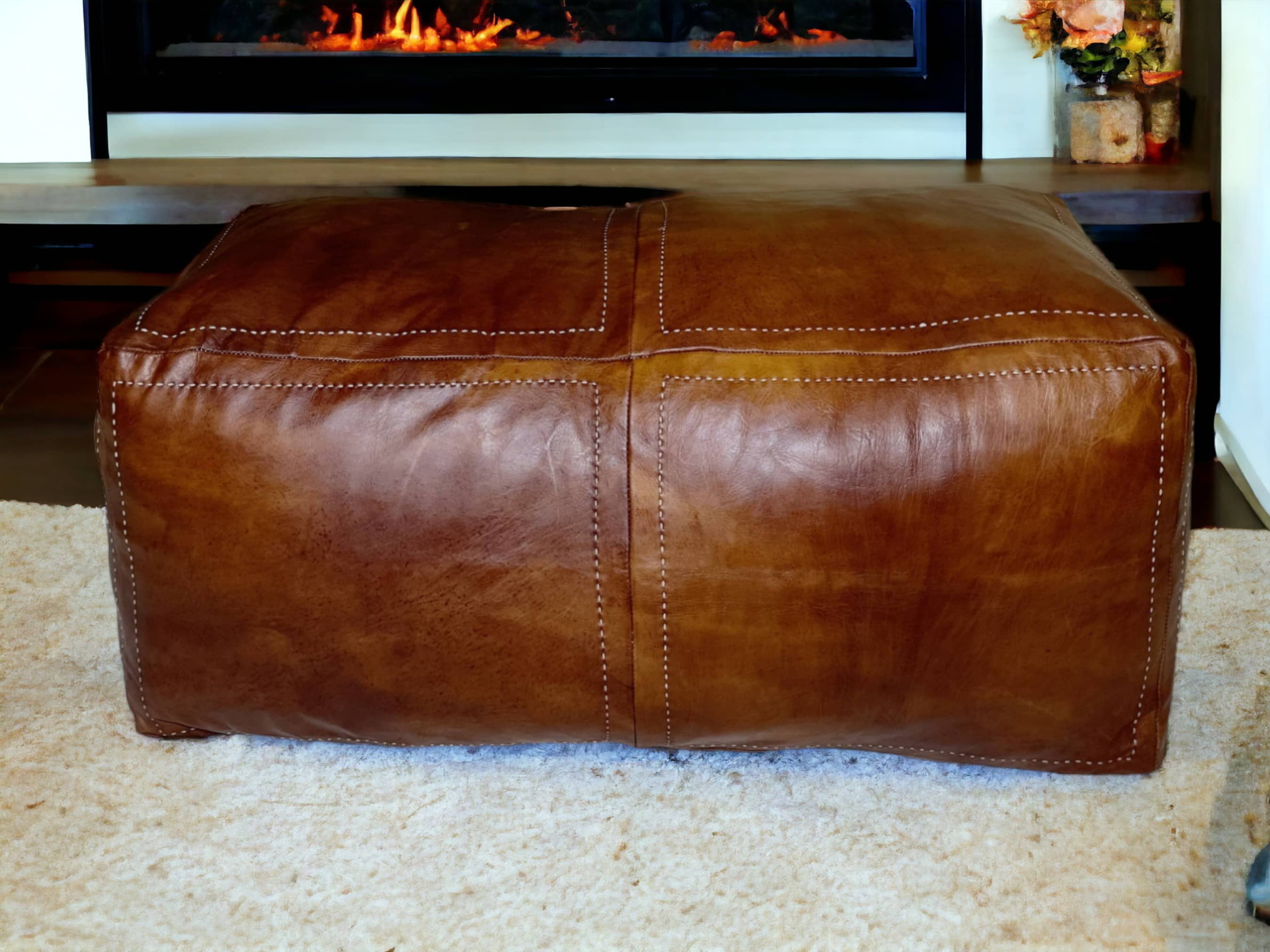 Moroccan Tobacco Leather Handcrafted Pouf: Distinct Elegance for Your Space-0