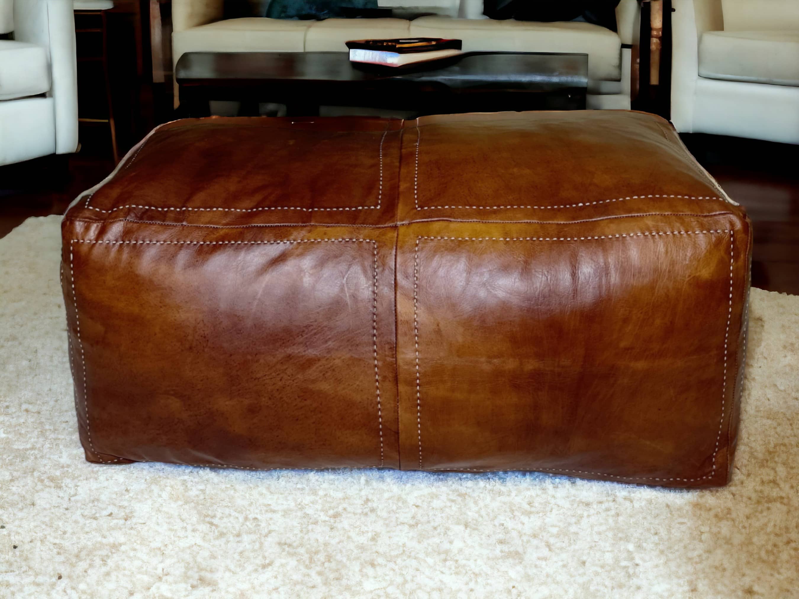 Moroccan Tobacco Leather Handcrafted Pouf: Distinct Elegance for Your Space-2