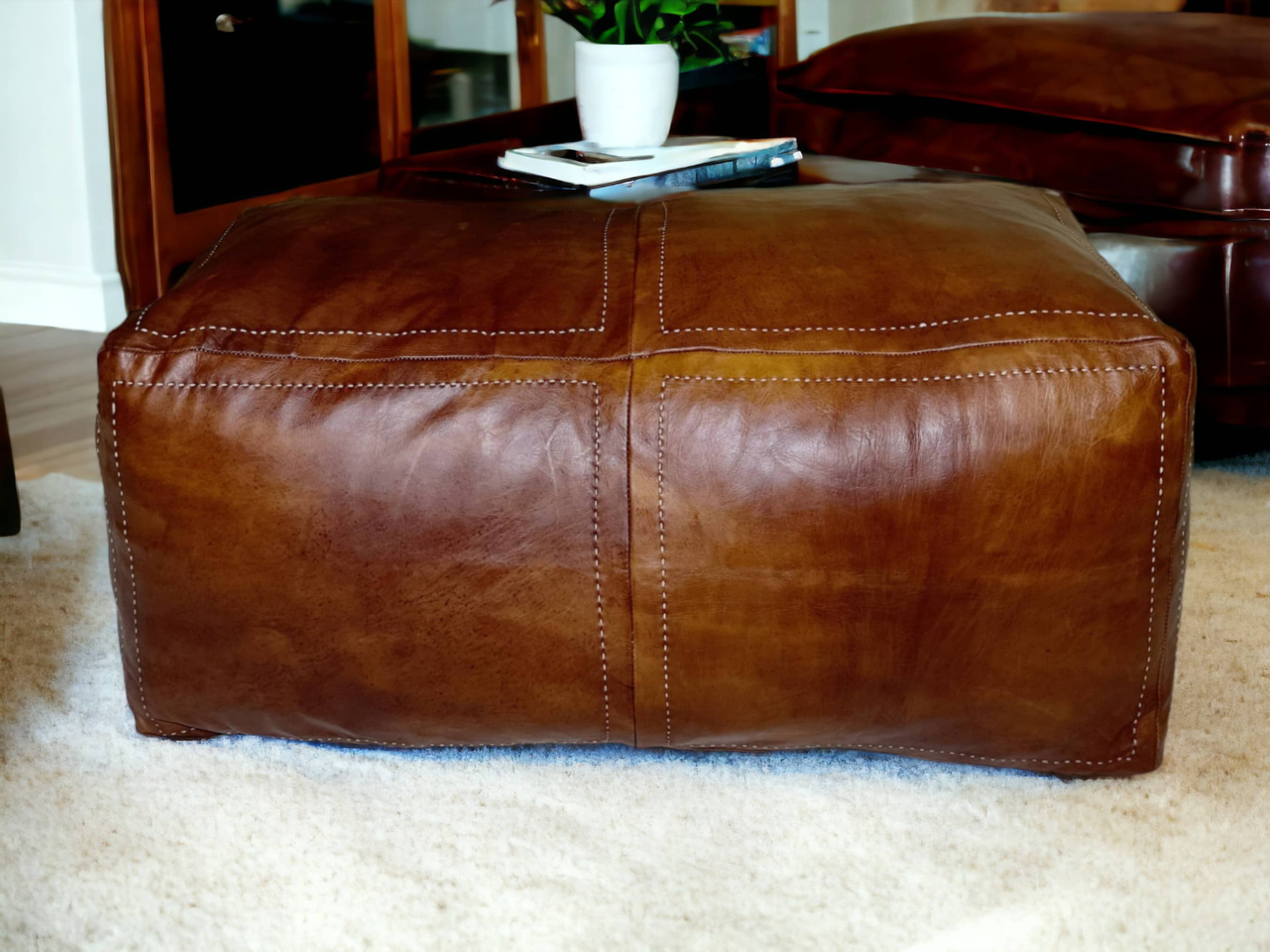 Moroccan Tobacco Leather Handcrafted Pouf: Distinct Elegance for Your Space-4