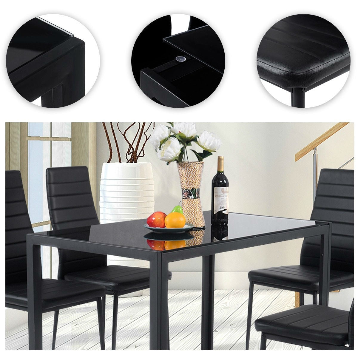 5 Piece Black Glass Tabletop Dining Set With Soft Leather Chairs-1