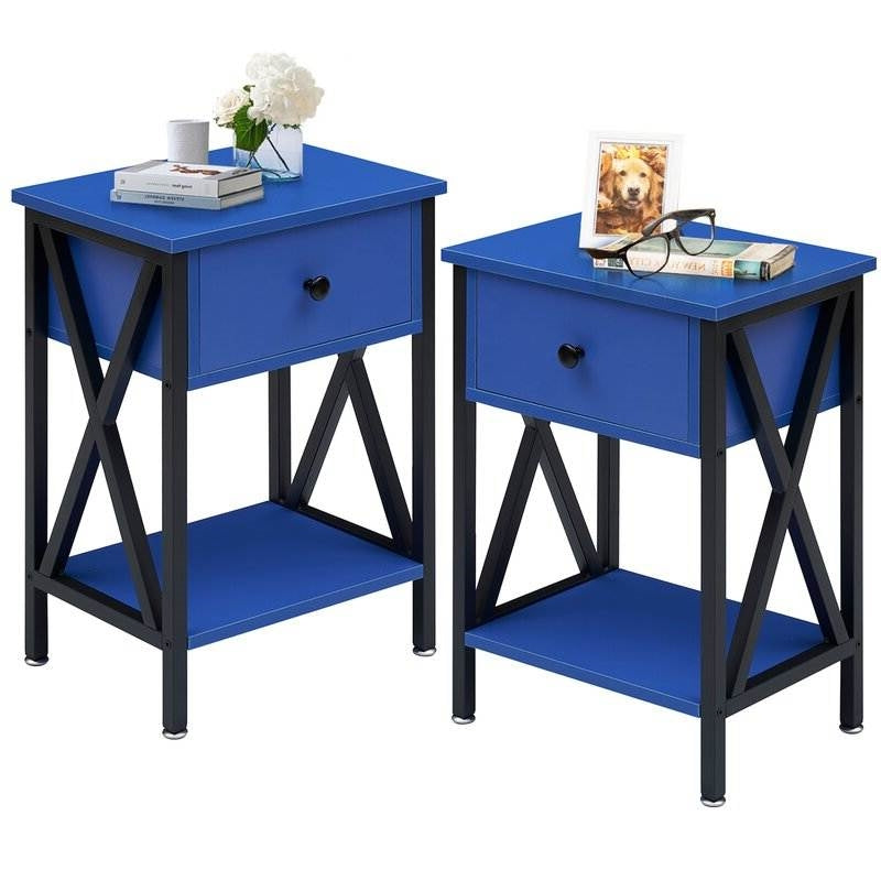 Set of 2 - 1 Drawer Nightstand in Dark Blue and Black-1