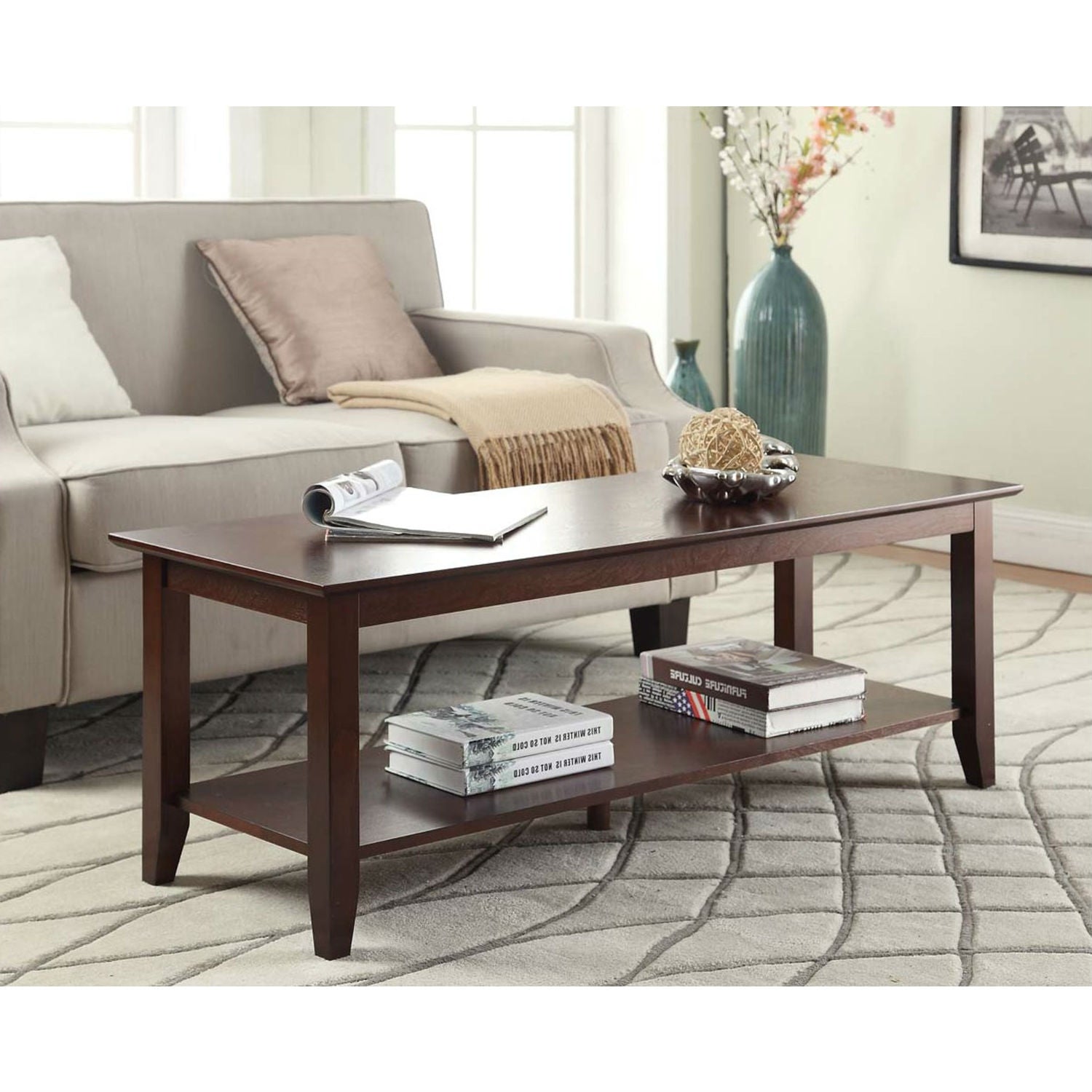 Espresso Wood Grain Coffee Table with Bottom Shelf-0