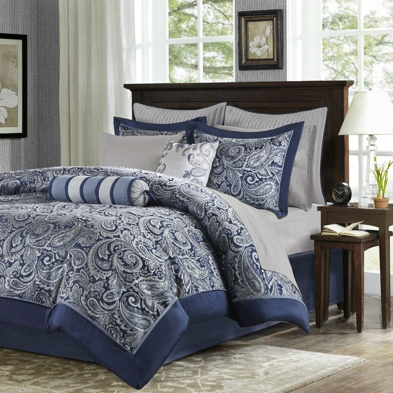 California King 12-piece Reversible Microfiber Comforter Set Navy Blue White-1