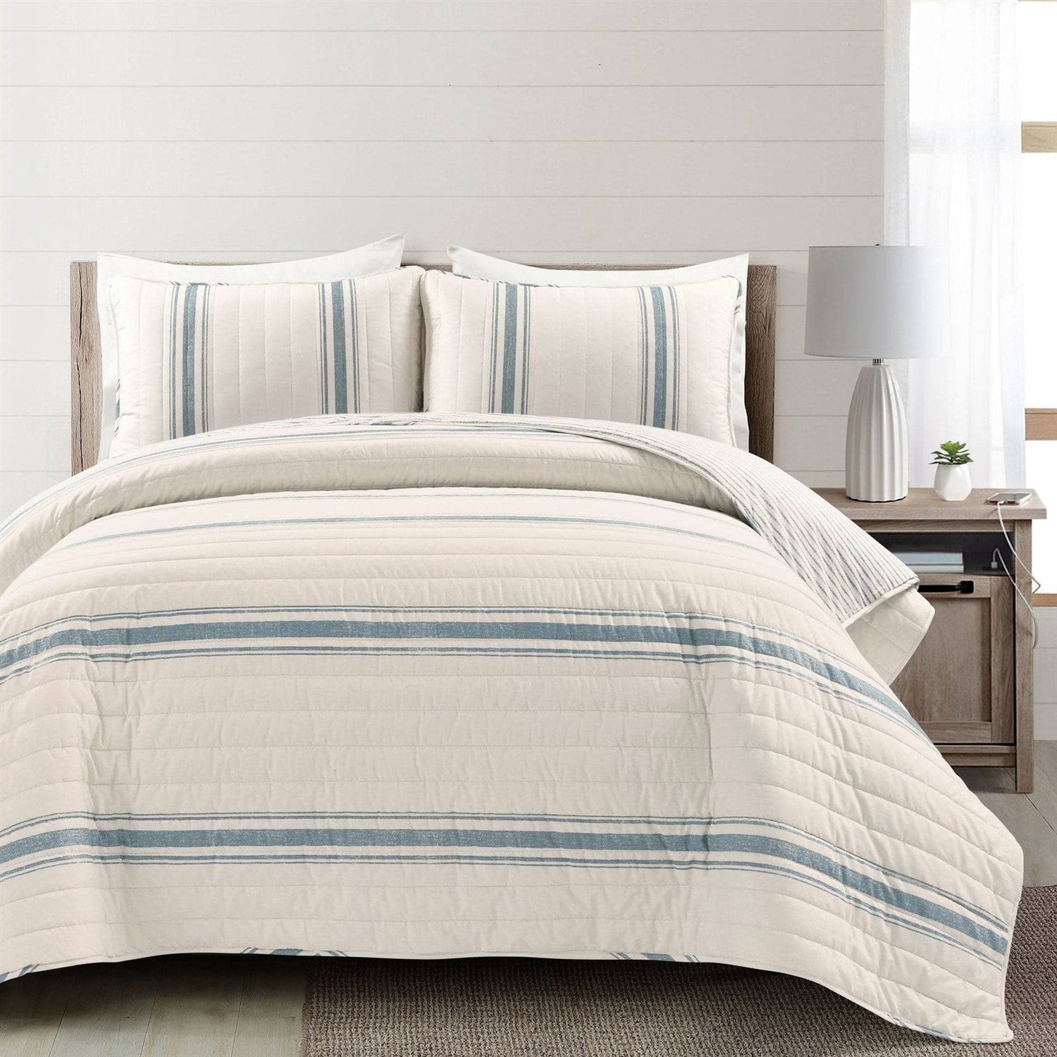 California King Blue Off-White Cream Stripe 3 Piece Reversible Cotton Quilt Set-0