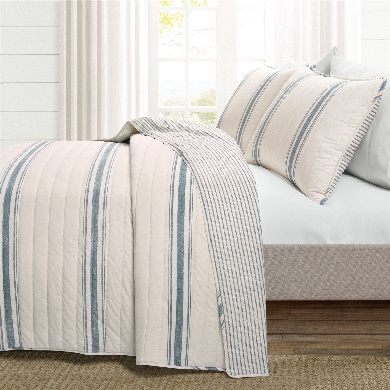 California King Blue Off-White Cream Stripe 3 Piece Reversible Cotton Quilt Set-1