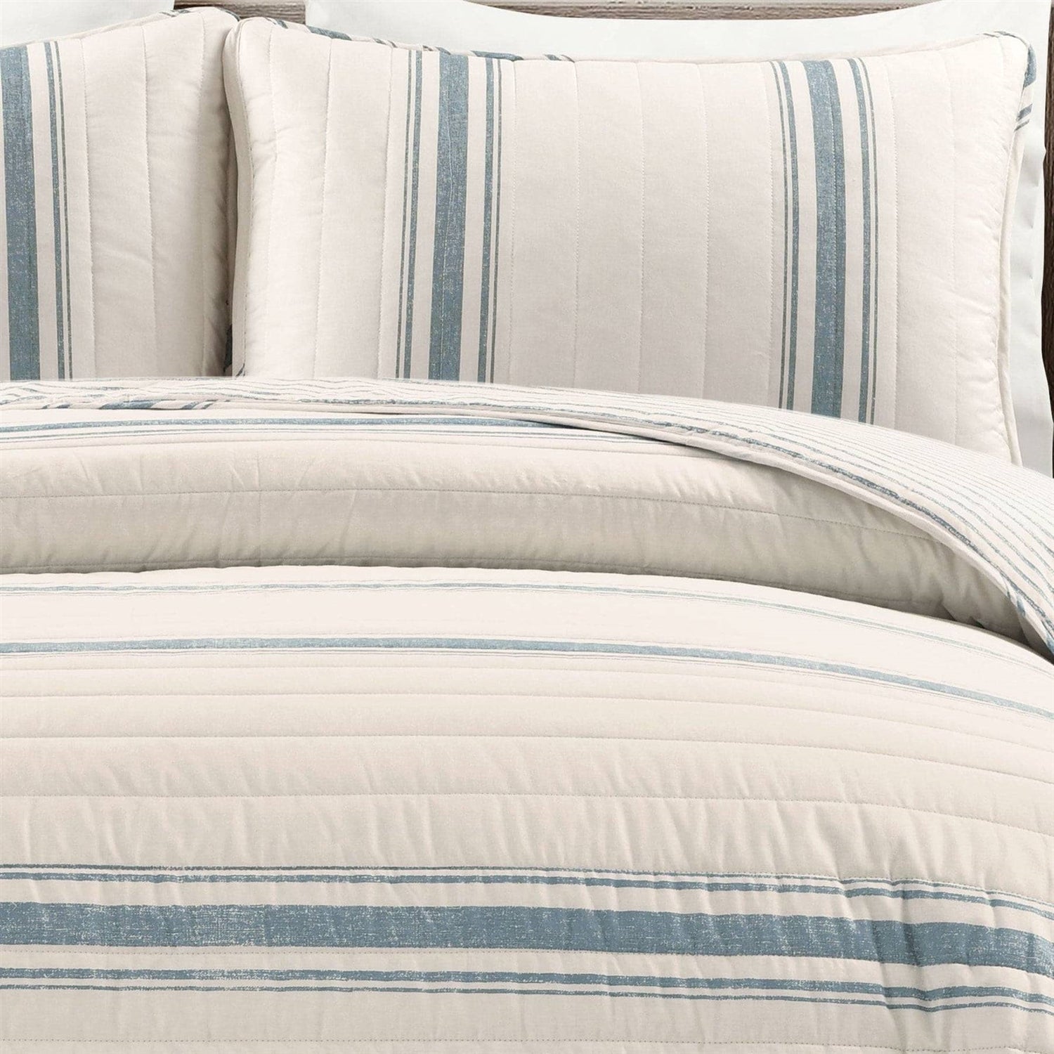 California King Blue Off-White Cream Stripe 3 Piece Reversible Cotton Quilt Set-2