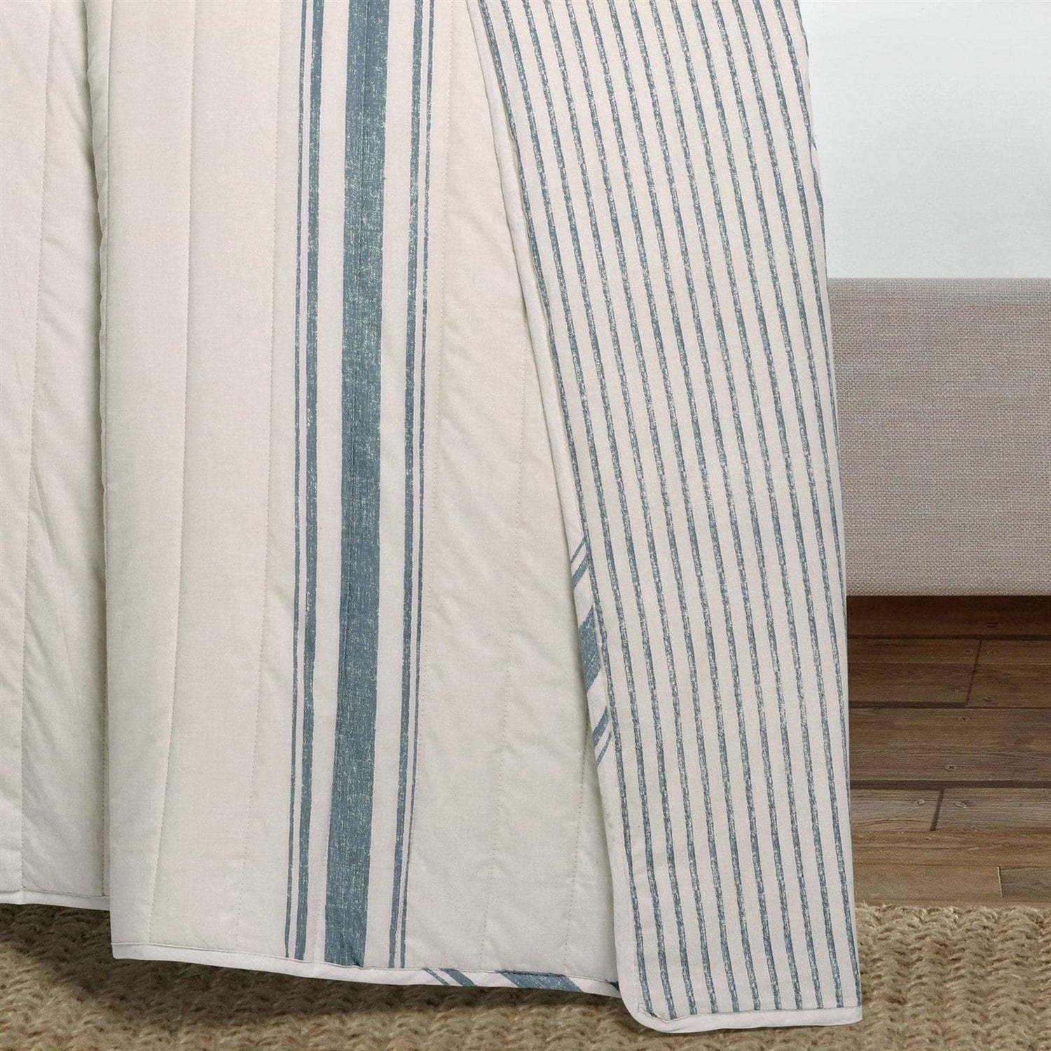 California King Blue Off-White Cream Stripe 3 Piece Reversible Cotton Quilt Set-3