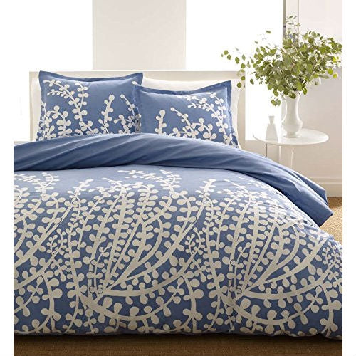 Full / Queen 100-Percent Cotton 3-Piece Comforter Set with Blue White Floral Branch Pattern-0