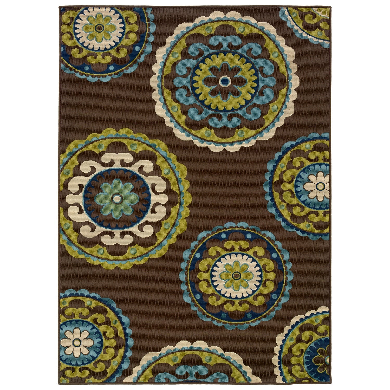 7'10 x 10'10 Outdoor/Indoor Area Rug in Brown Teal, Green Yellow Circles-0