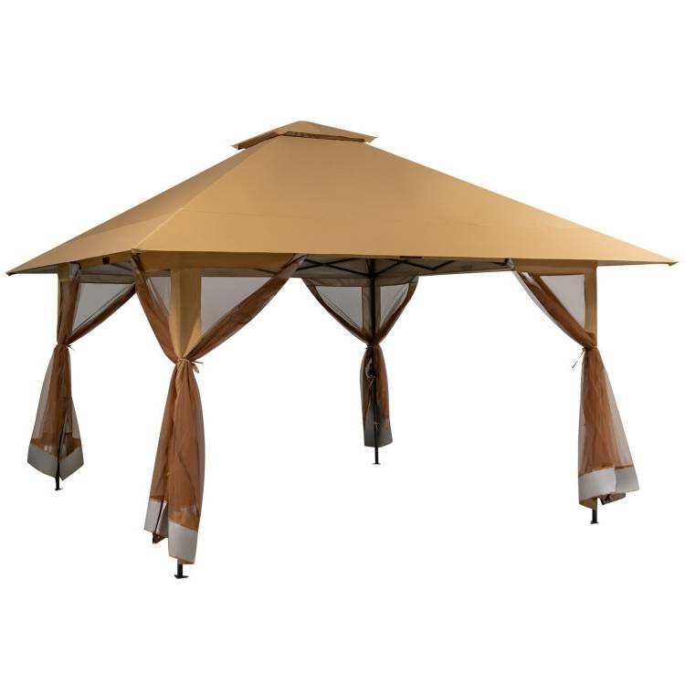 Brown 13 x 13 Ft Pop-Up Gazebo Outdoor Canopy w/ Mesh Mosquito Netting Sidewalls-0