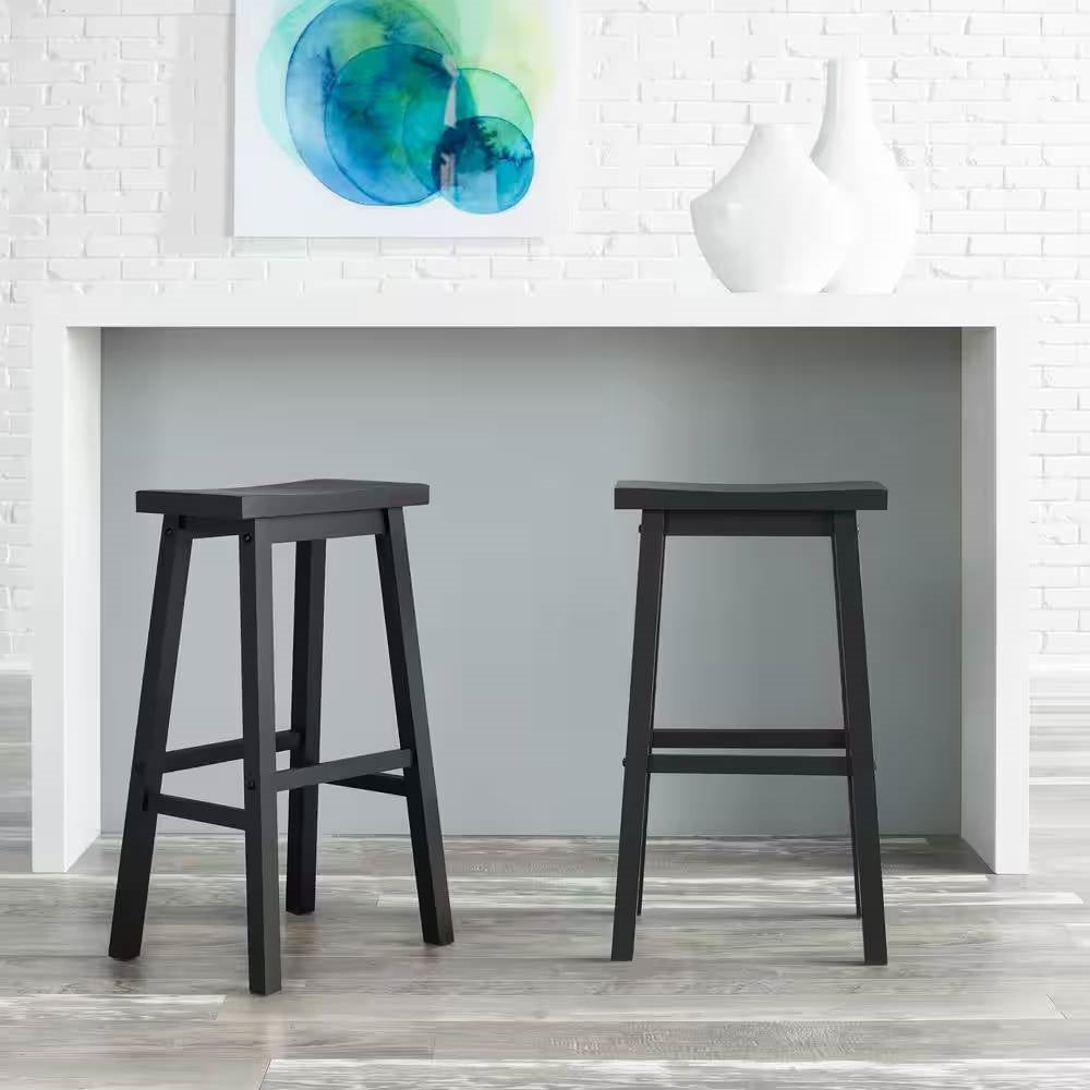 Set of 2 Farmhouse Bar Height Saddle Seat Barstool in Charcoal Black Wood Finish-0