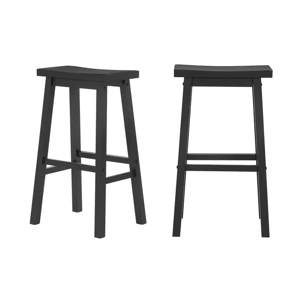 Set of 2 Farmhouse Bar Height Saddle Seat Barstool in Charcoal Black Wood Finish-1