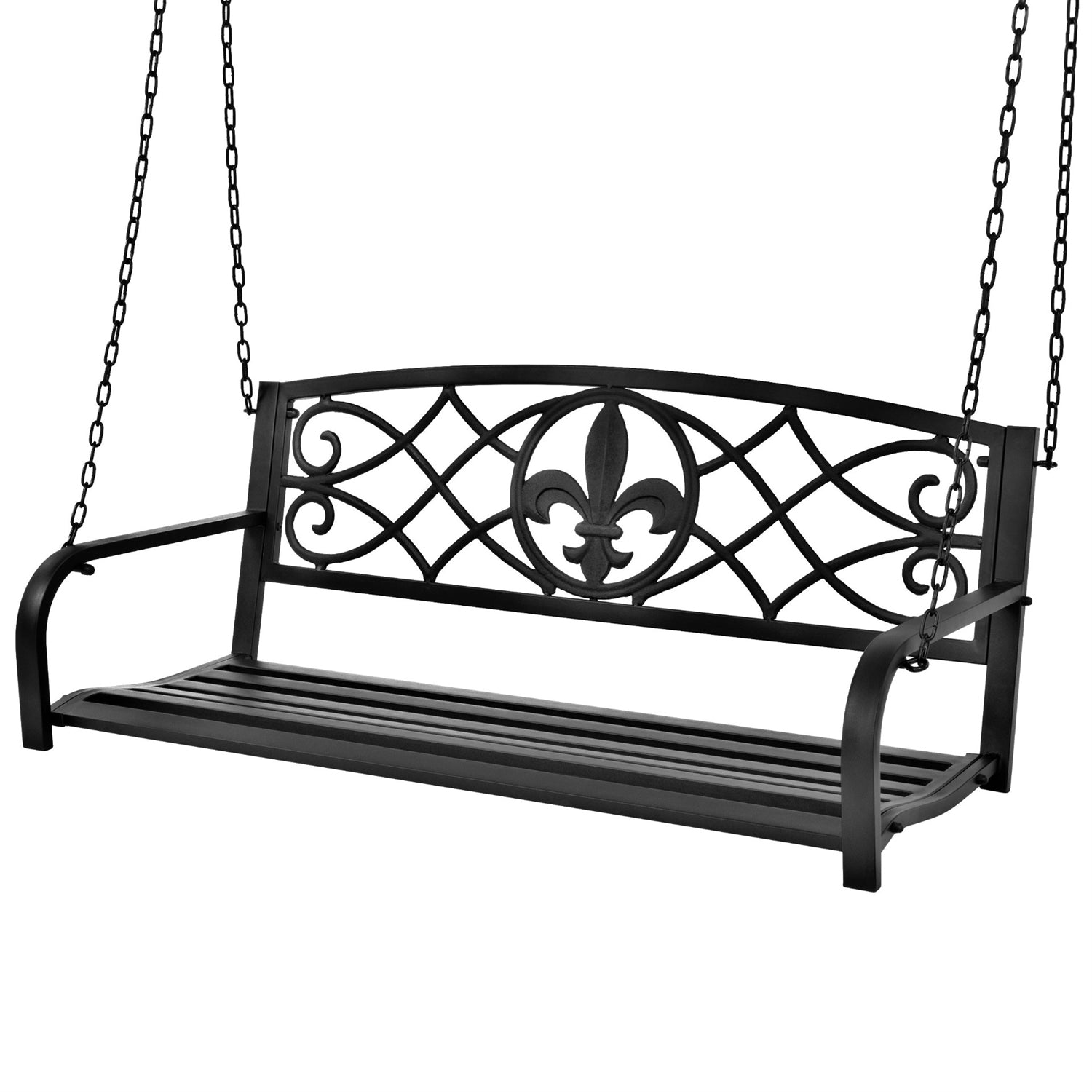 Farmhouse Black Sturdy 2 Seat Porch Swing Bench Scroll Accents-0