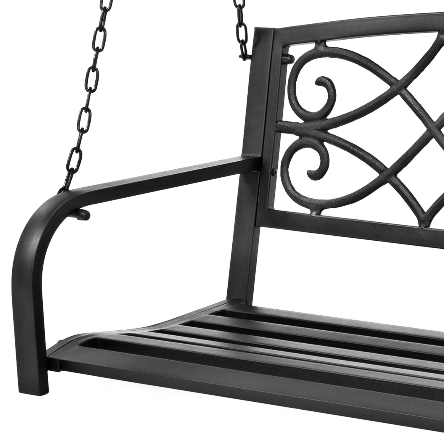 Farmhouse Black Sturdy 2 Seat Porch Swing Bench Scroll Accents-2