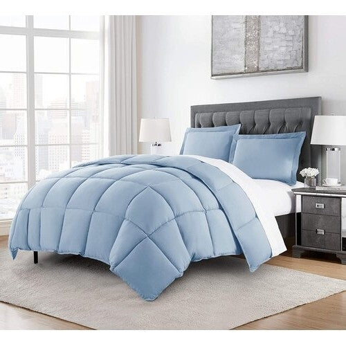 Queen Size Reversible Microfiber Down Alternative Comforter Set in Blue-0