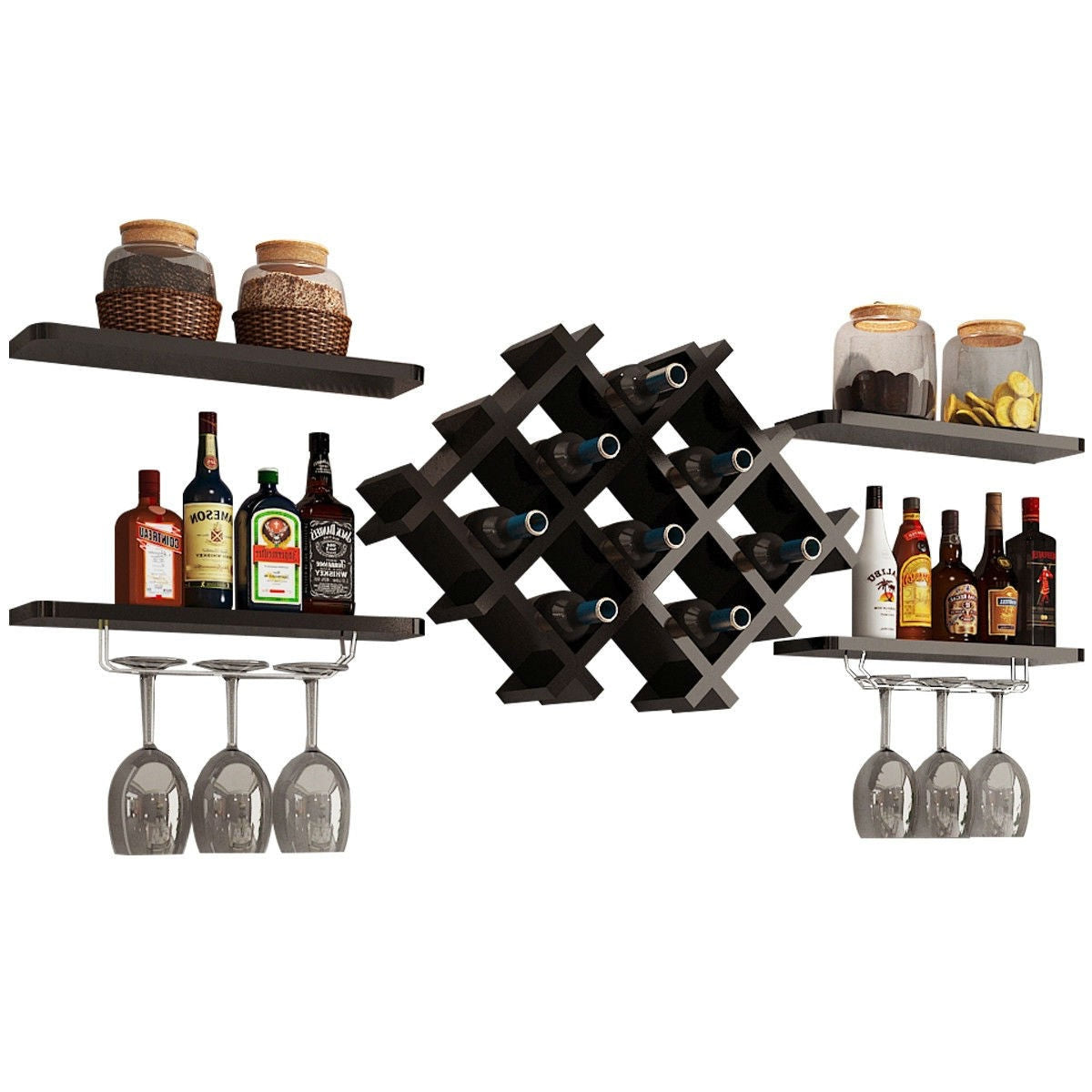 Black 5 Piece Wall Mounted Wine Rack Set with Storage Shelves-0