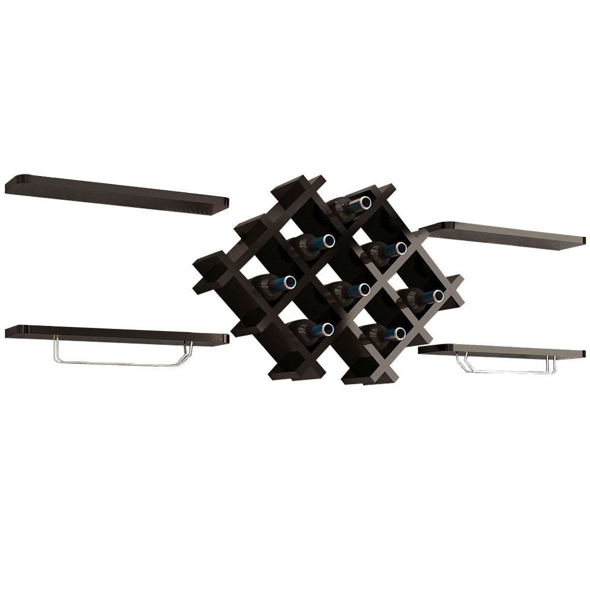 Black 5 Piece Wall Mounted Wine Rack Set with Storage Shelves-1