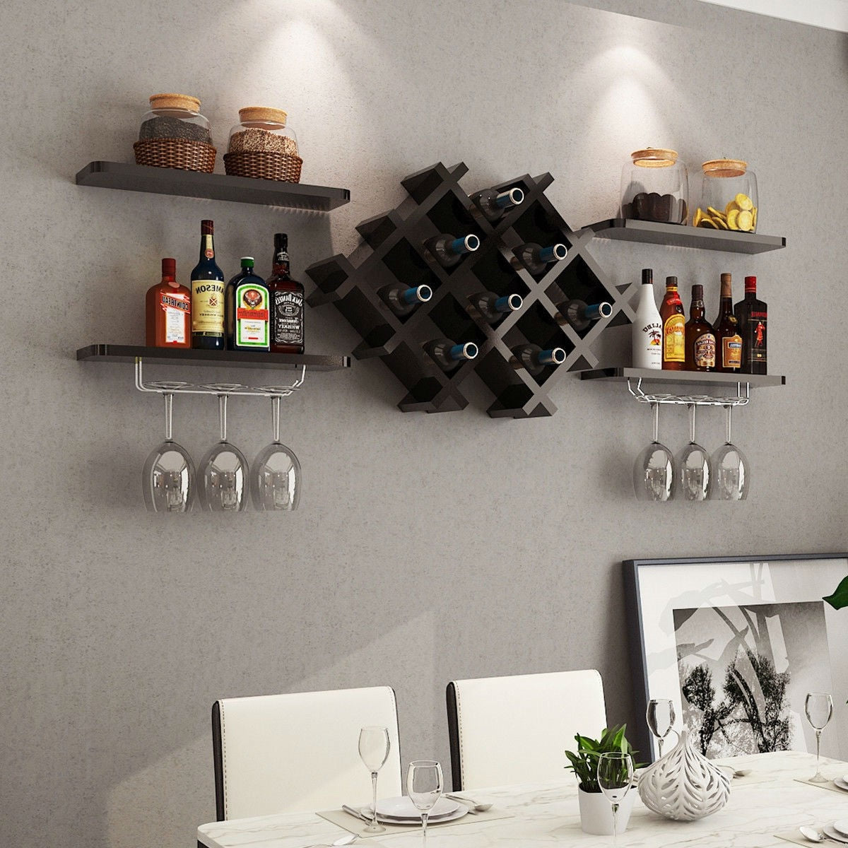 Black 5 Piece Wall Mounted Wine Rack Set with Storage Shelves-2