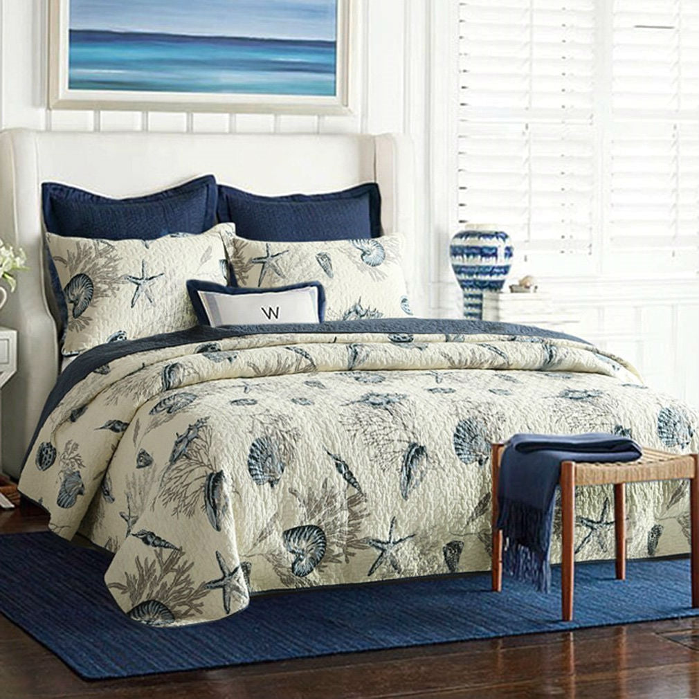 Queen size 100-Percent Cotton 3-Piece Bedspread Quilt Set Ocean Beach Sea Shells Marine Starfish-0
