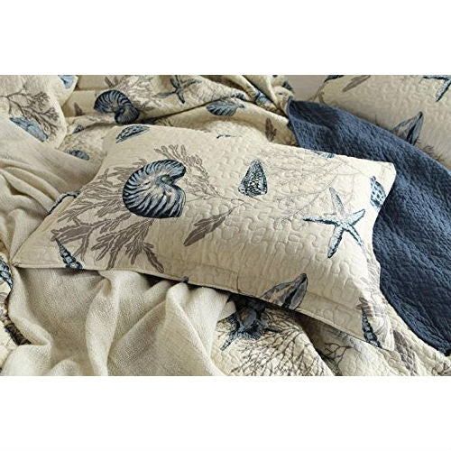 Queen size 100-Percent Cotton 3-Piece Bedspread Quilt Set Ocean Beach Sea Shells Marine Starfish-2