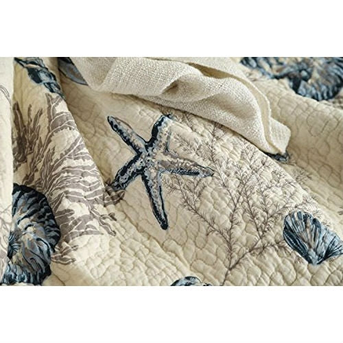 Queen size 100-Percent Cotton 3-Piece Bedspread Quilt Set Ocean Beach Sea Shells Marine Starfish-3
