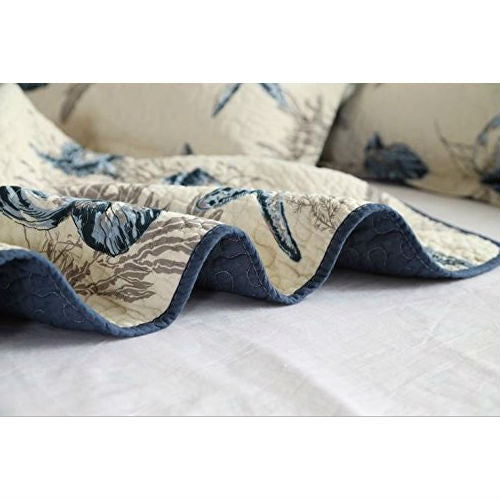 Queen size 100-Percent Cotton 3-Piece Bedspread Quilt Set Ocean Beach Sea Shells Marine Starfish-4
