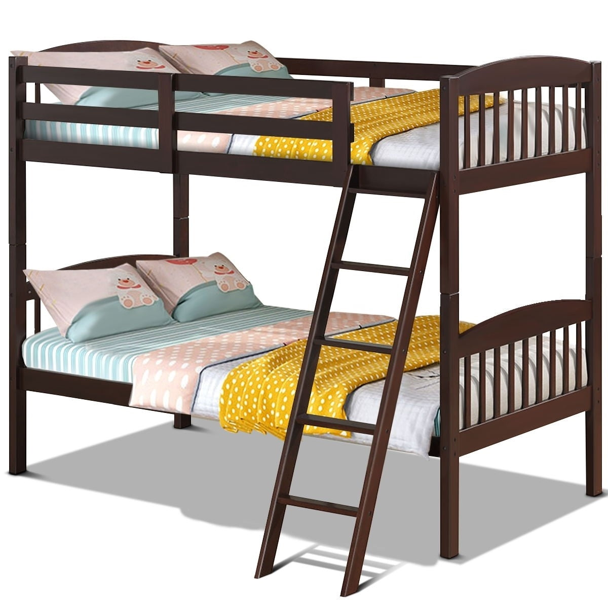 Twin over Twin Wooden Bunk Bed with Ladder in Dark Brown Finish-3