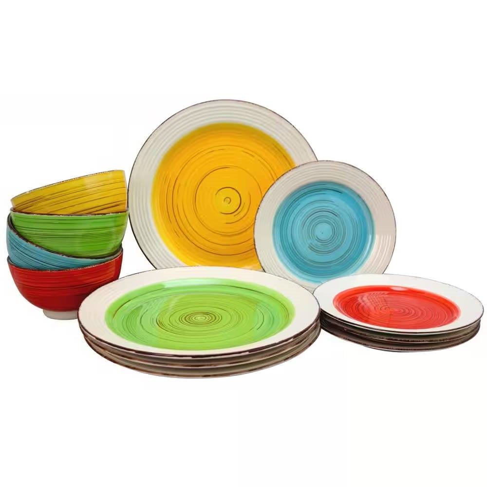 12-Piece Ceramic Dinnerware Set in Blue Red Yellow Green Beige - Service for 4-0