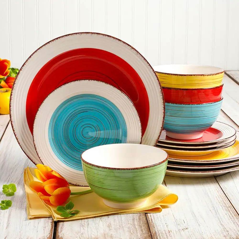 12-Piece Ceramic Dinnerware Set in Blue Red Yellow Green Beige - Service for 4-4