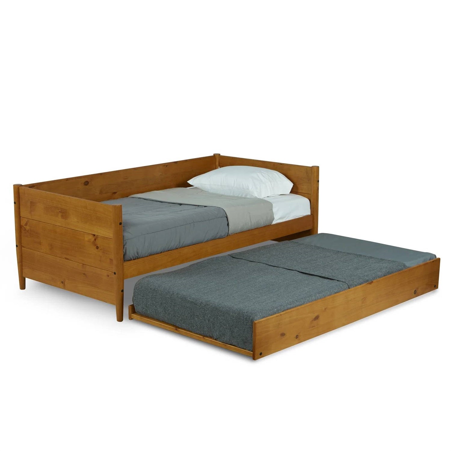 Twin size Solid Wood Daybed with Roll Out Trundle Bed Frame in Medium Brown-1