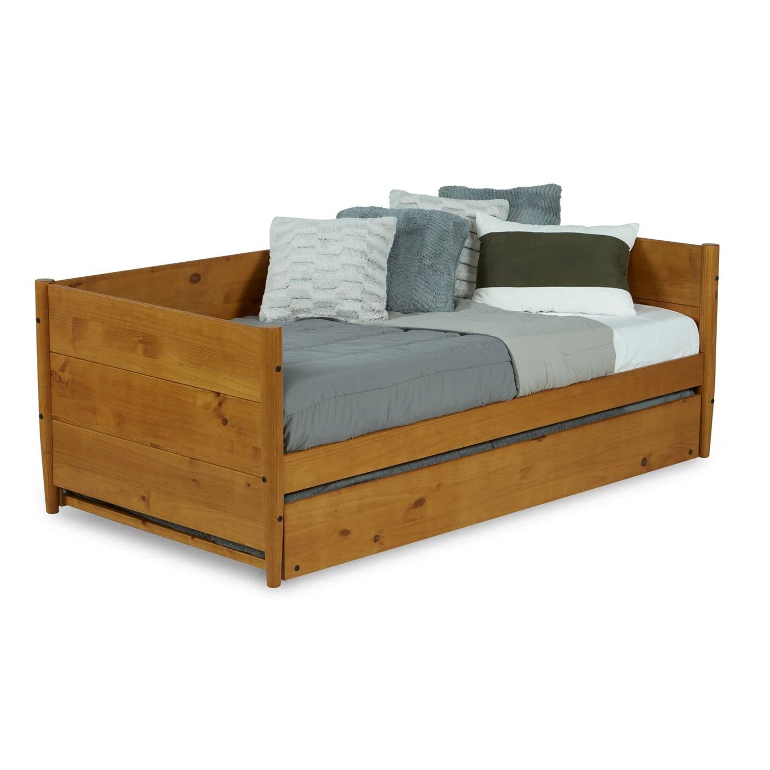 Twin size Solid Wood Daybed with Roll Out Trundle Bed Frame in Medium Brown-2