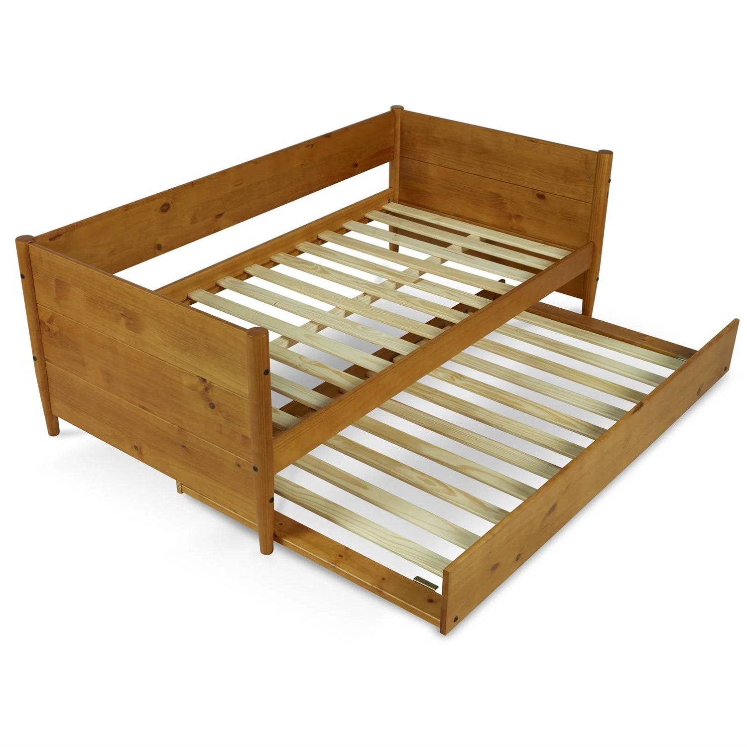 Twin size Solid Wood Daybed with Roll Out Trundle Bed Frame in Medium Brown-3