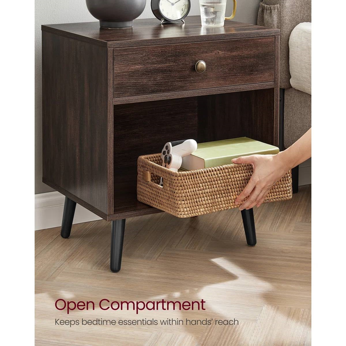 Mid-Century Modern 1-Drawer Nightstand End Table in Dark Brown Wood Finish-2