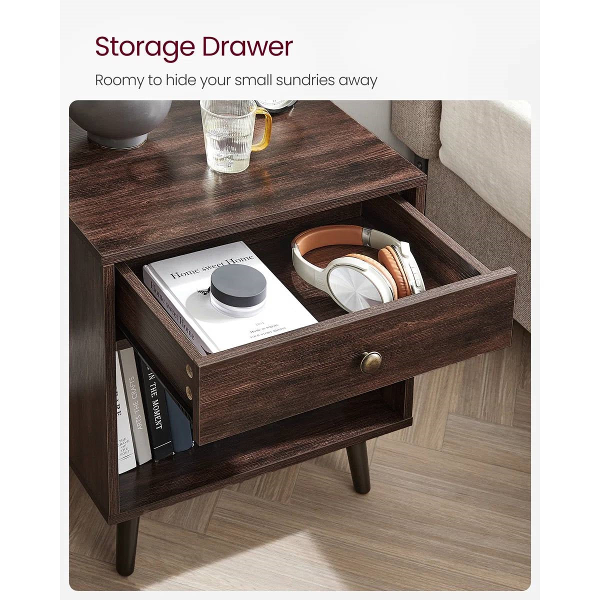 Mid-Century Modern 1-Drawer Nightstand End Table in Dark Brown Wood Finish-3