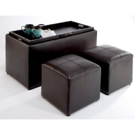 Faux Leather Storage Bench Coffee Table with 2 Side Ottomans-0