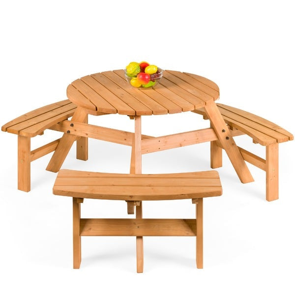 Outdoor Round Wood Picnic Table Bench Set with Umbrella Hole - Seats 6-0
