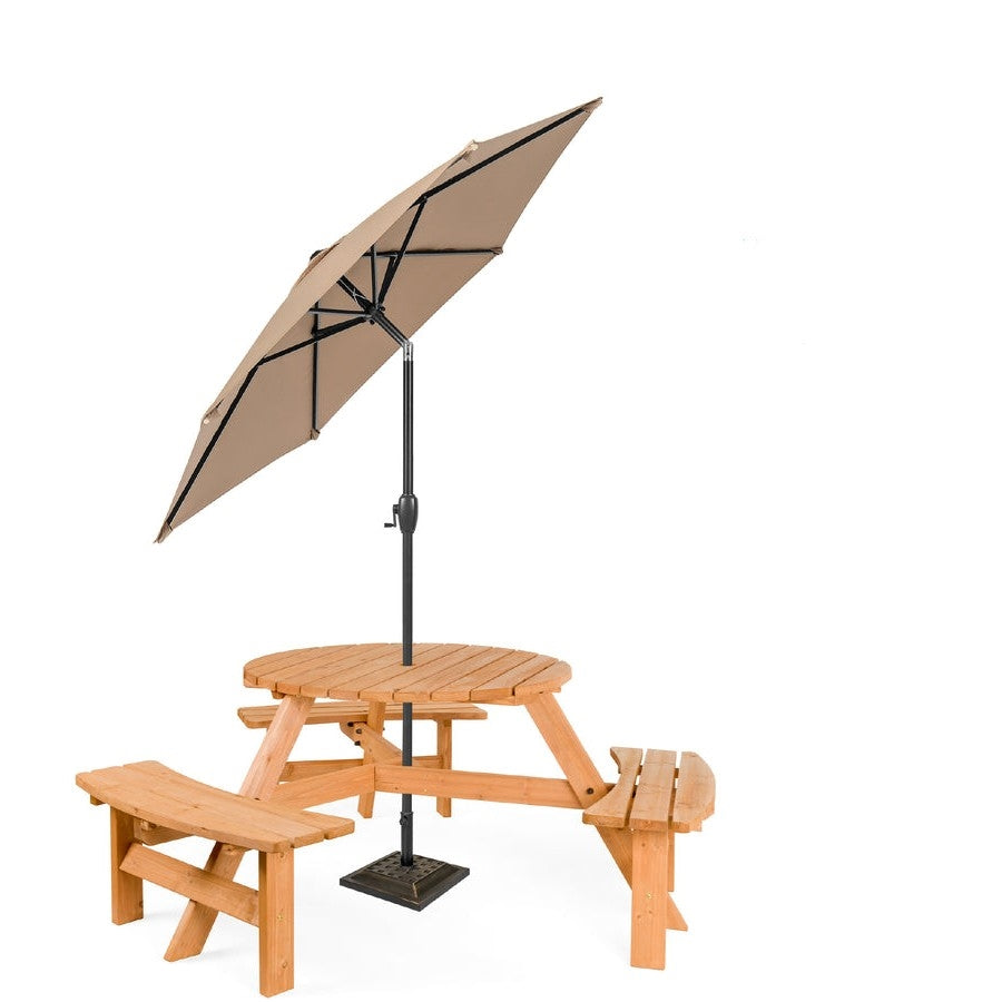 Outdoor Round Wood Picnic Table Bench Set with Umbrella Hole - Seats 6-3