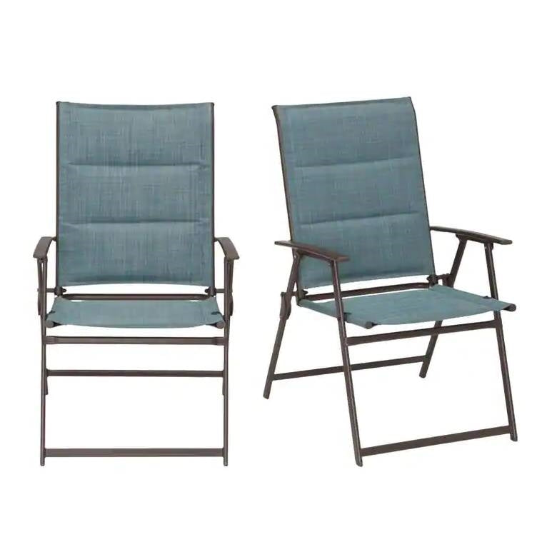 Set of 2 - Outdoor Folding Patio Dining Chair with Blue Denim Padded Seat-0