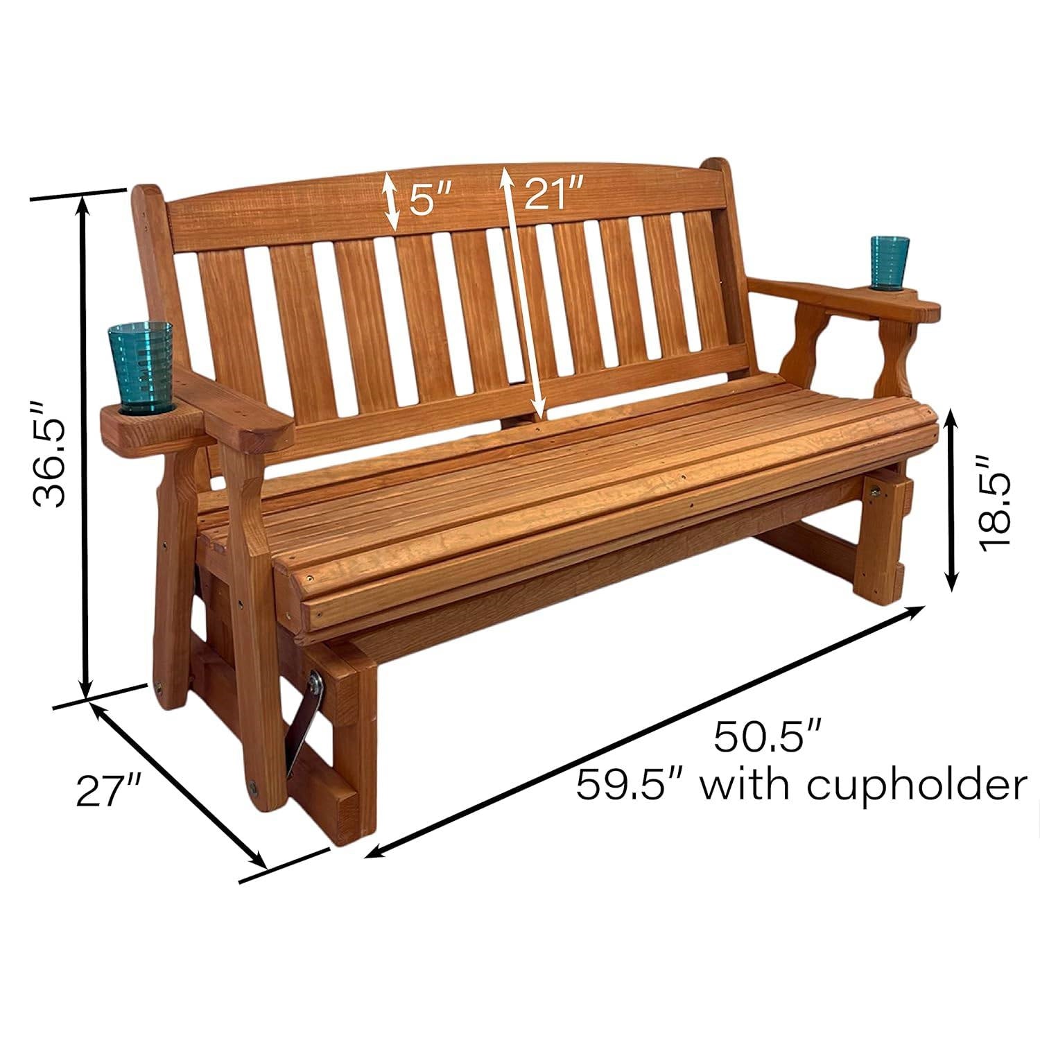4ft Heavy Duty Porch Glider Bench with Cupholders in Cedar Finish - Made in USA-1