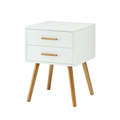 Modern 2-Drawer End Table Nightstand in White with Mid-Century Style Wood Legs-0