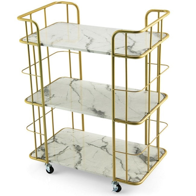 3 Tier Faux Marble Gold Rolling Bar Cart-0