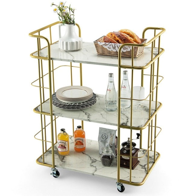 3 Tier Faux Marble Gold Rolling Bar Cart-1