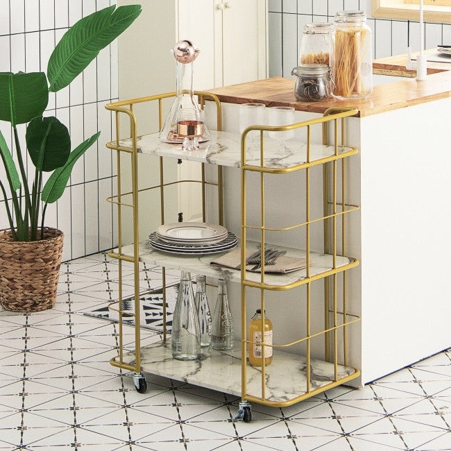 3 Tier Faux Marble Gold Rolling Bar Cart-2