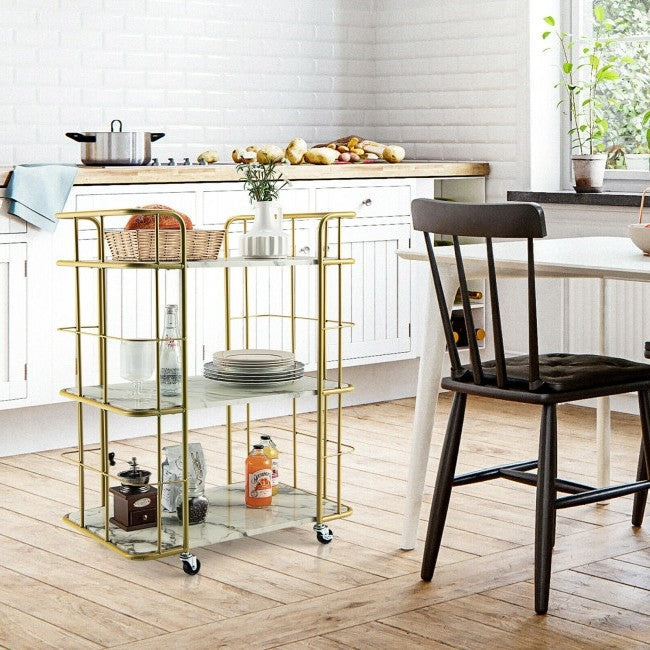 3 Tier Faux Marble Gold Rolling Bar Cart-3