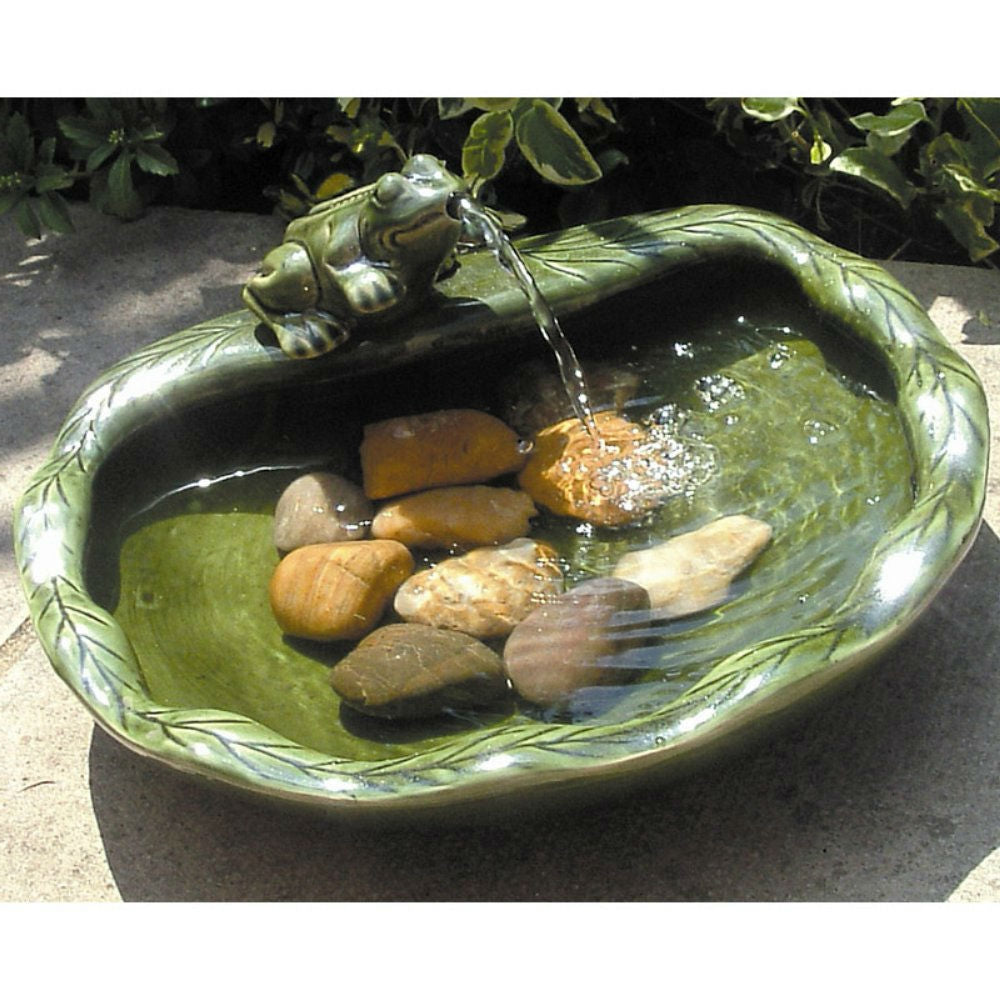 Green Glazed Ceramic Fountain Bird Bath with Frog and Solar Pump-0