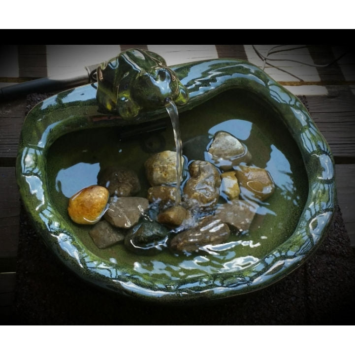 Green Glazed Ceramic Fountain Bird Bath with Frog and Solar Pump-1