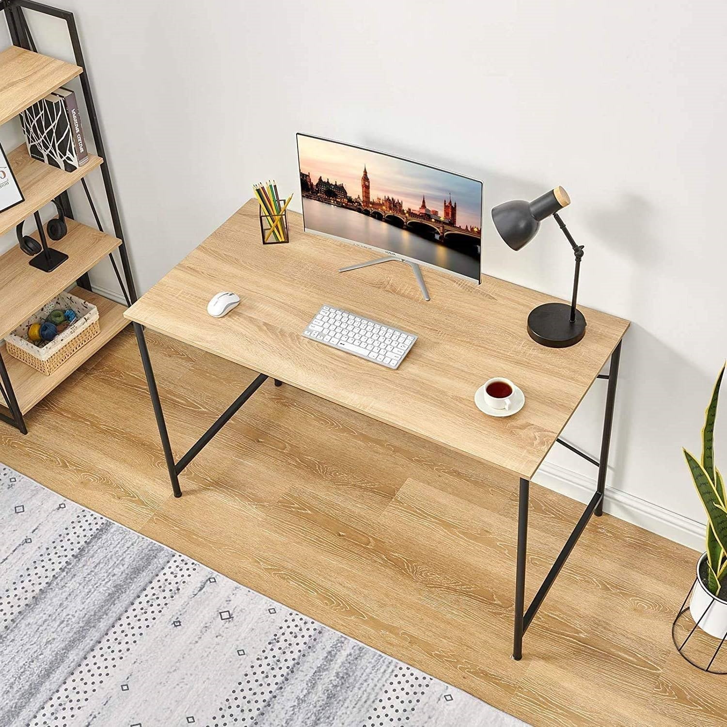 Modern Home Office Computer Desk Table with Black Metal Frame Wood Top in Oak-2