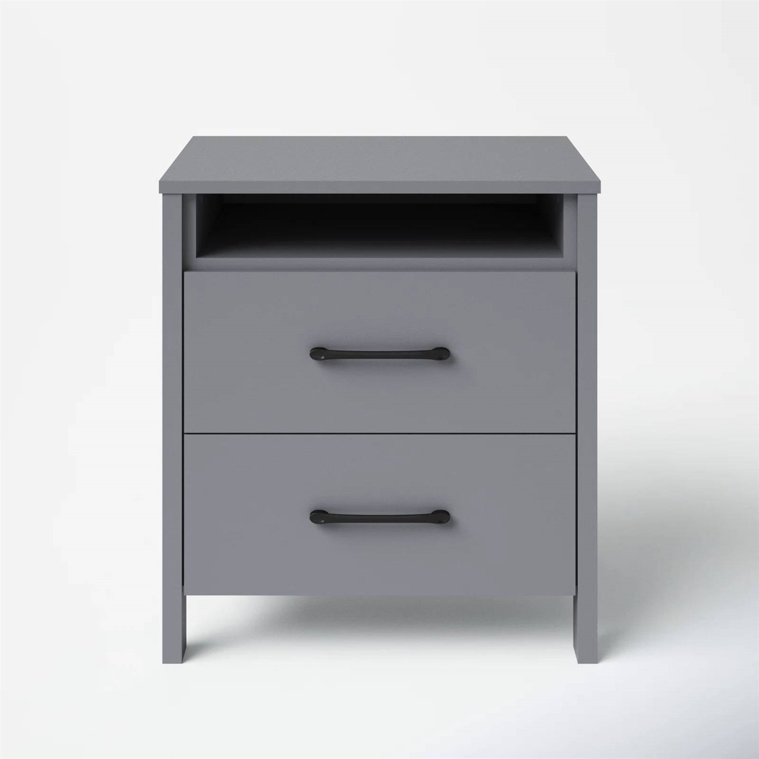 Modern 2-Drawer Bedside Table Nightstand with Open Shelf in Grey Wood Finish-0