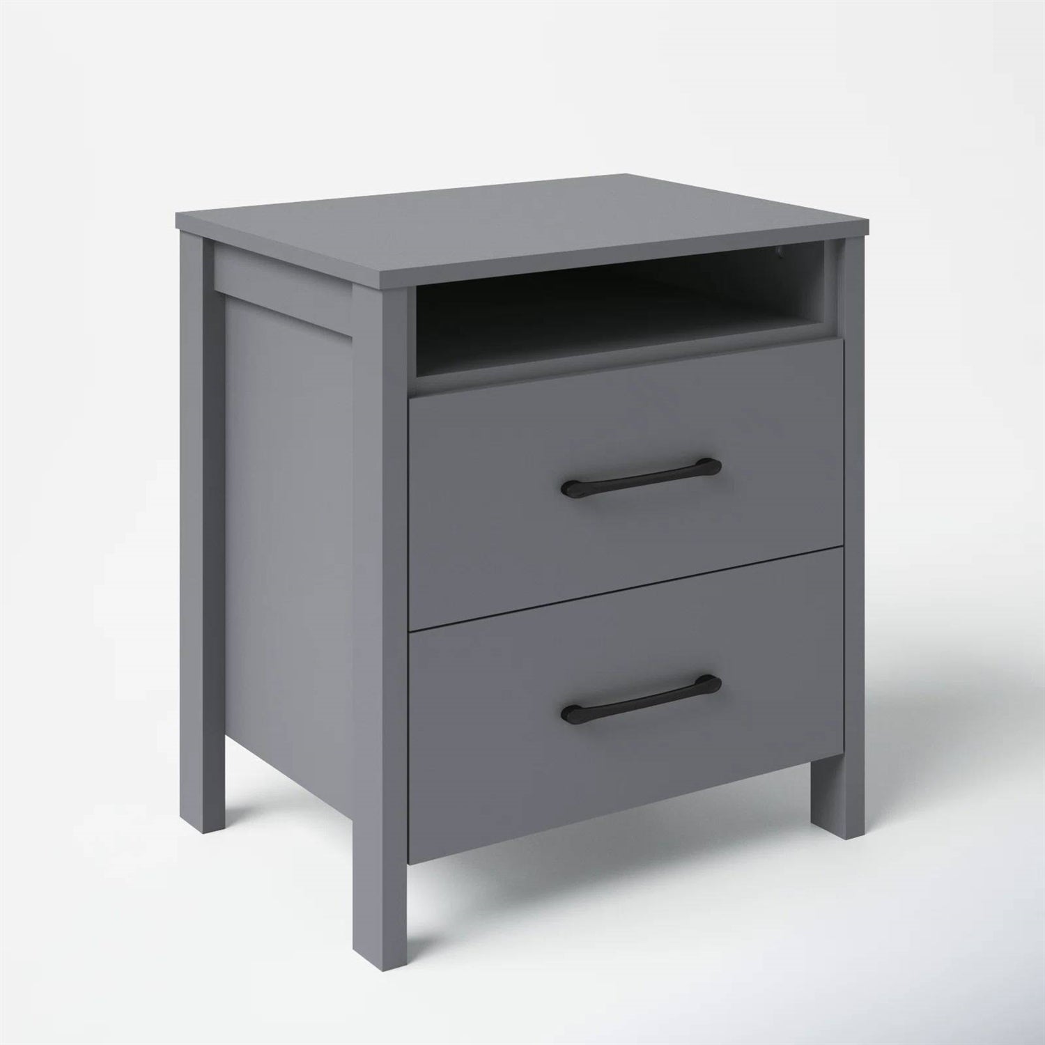 Modern 2-Drawer Bedside Table Nightstand with Open Shelf in Grey Wood Finish-2